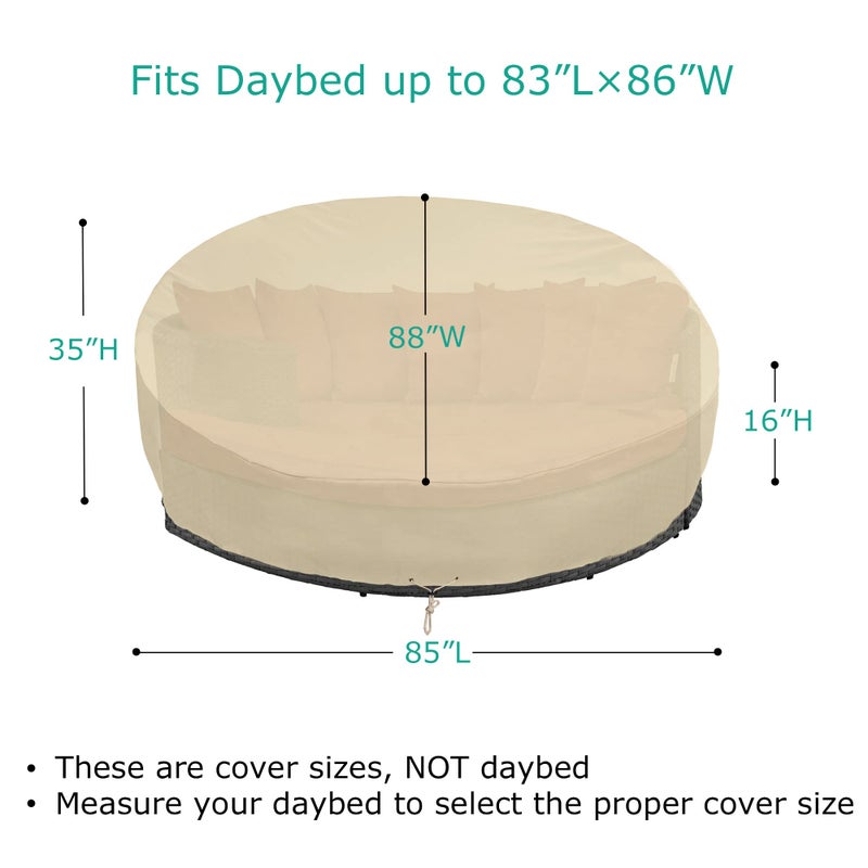SunPatio Round Patio Daybed Cover 88 Inch, Heavy Duty Waterproof Outdoor Canopy Daybed Sofa Cover with Taped Seam, 85"L Ã— 88"W Ã— 35" /16"H, All Weather Protection, Beige - Image 2